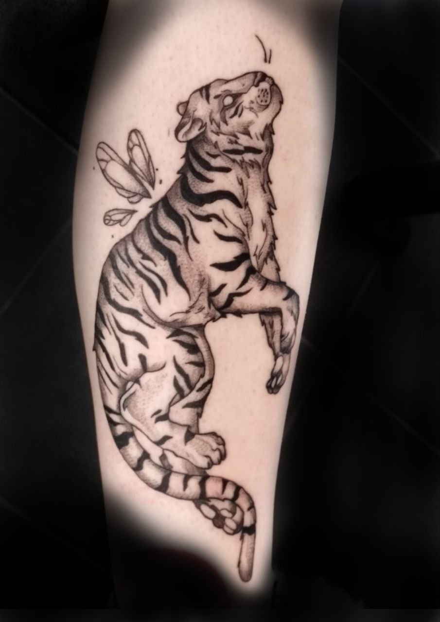 fantasy tiger tattoo black and grey sepia tattoo
