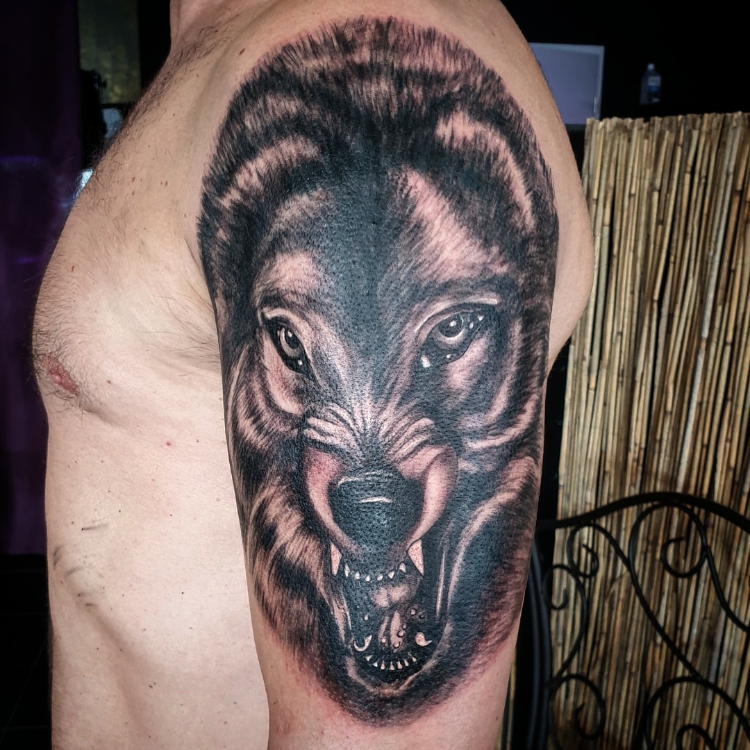 Tattoo von einem bösen Wolf auf dem Oberarm