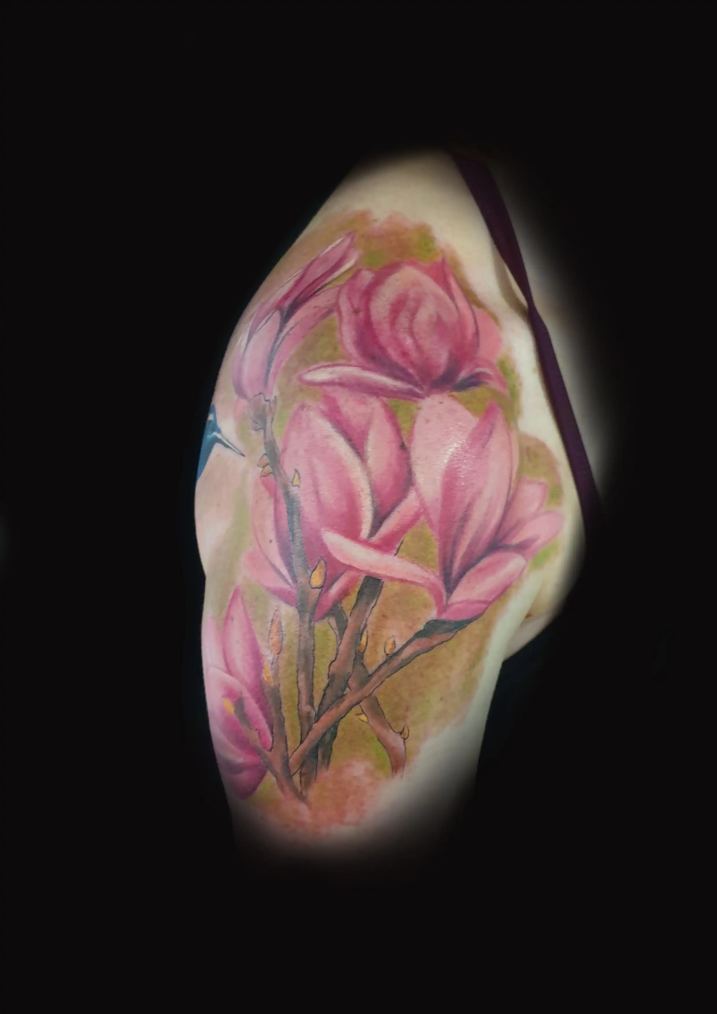 Tattoo einer Magnolie mit Kolibri in Farbe