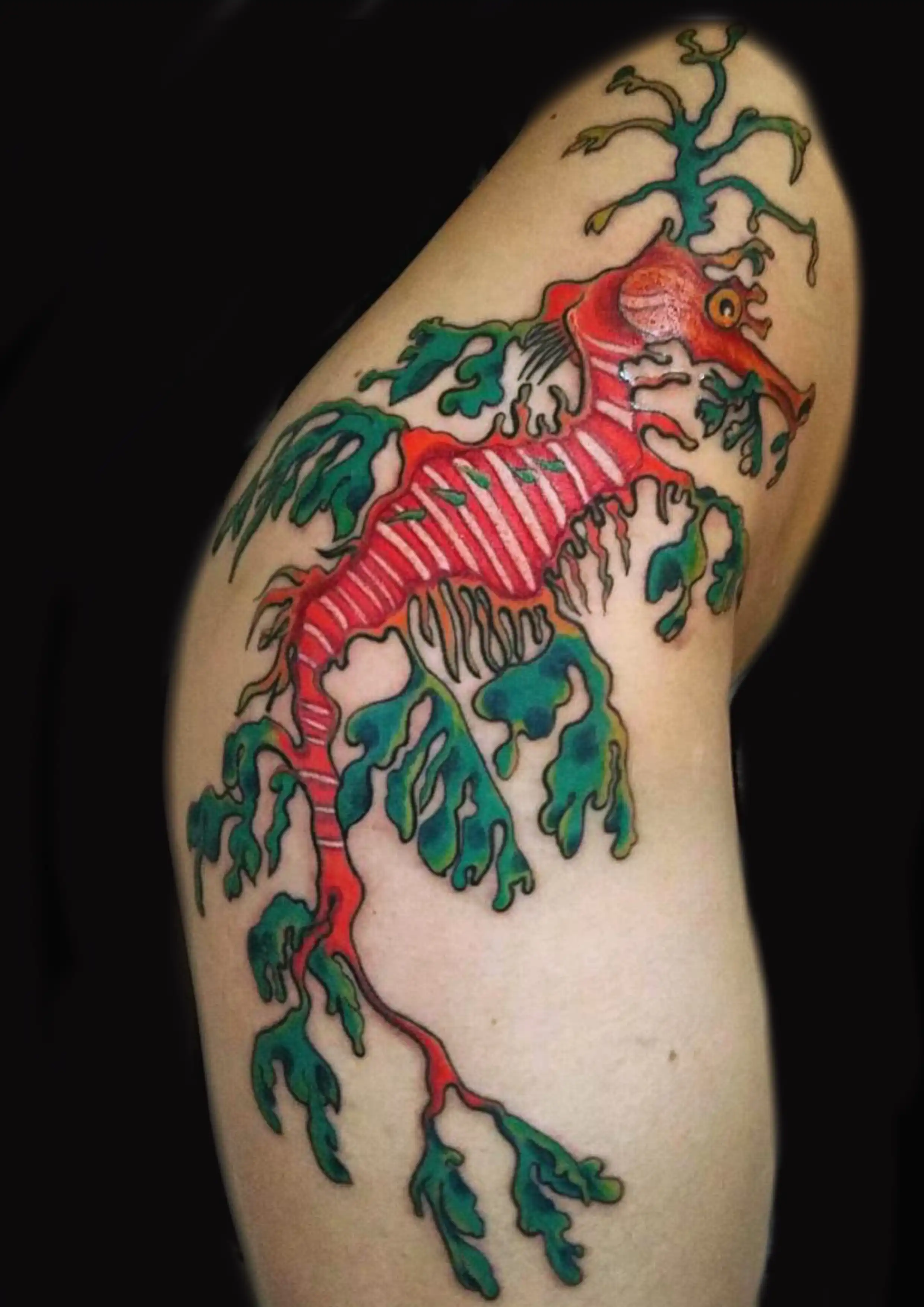 Tattoo von einem Seedrachen auf Hüfte und Oberschenkel