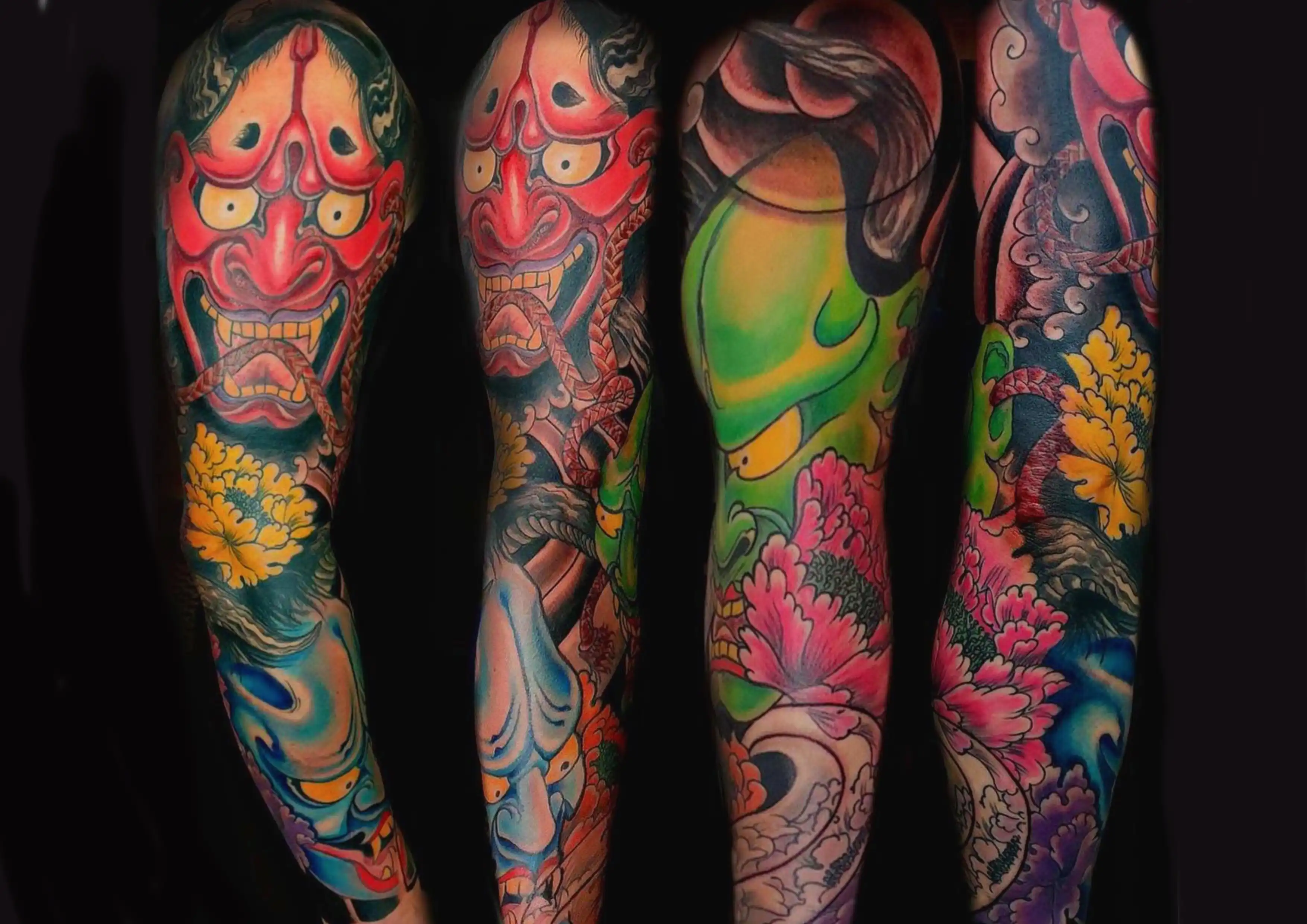 tattoo von japanischer Maske ganzer Arm Iresumi Stil